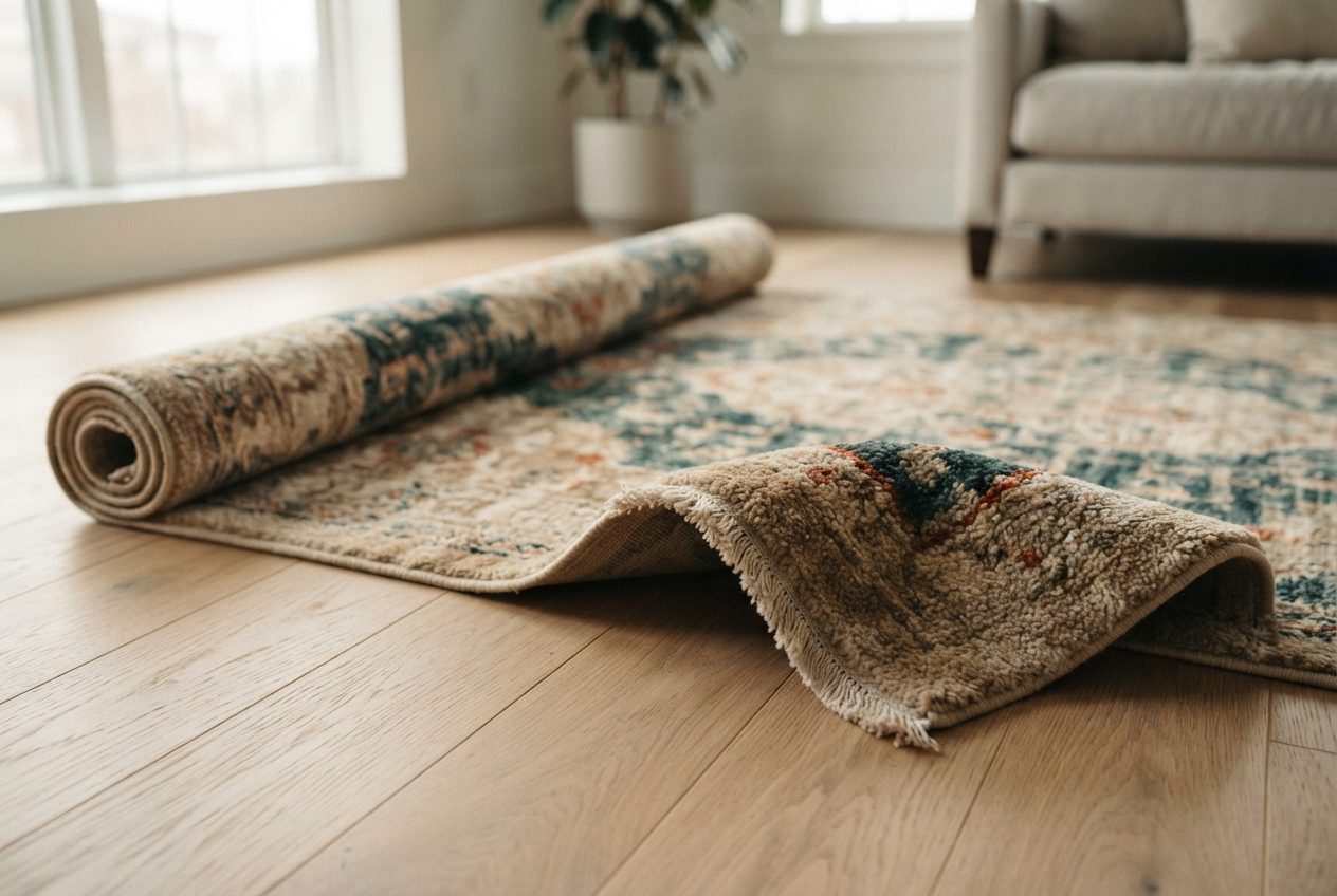 Rolled and folded patterned area rug lies on a wooden floor in a softly lit living room.
