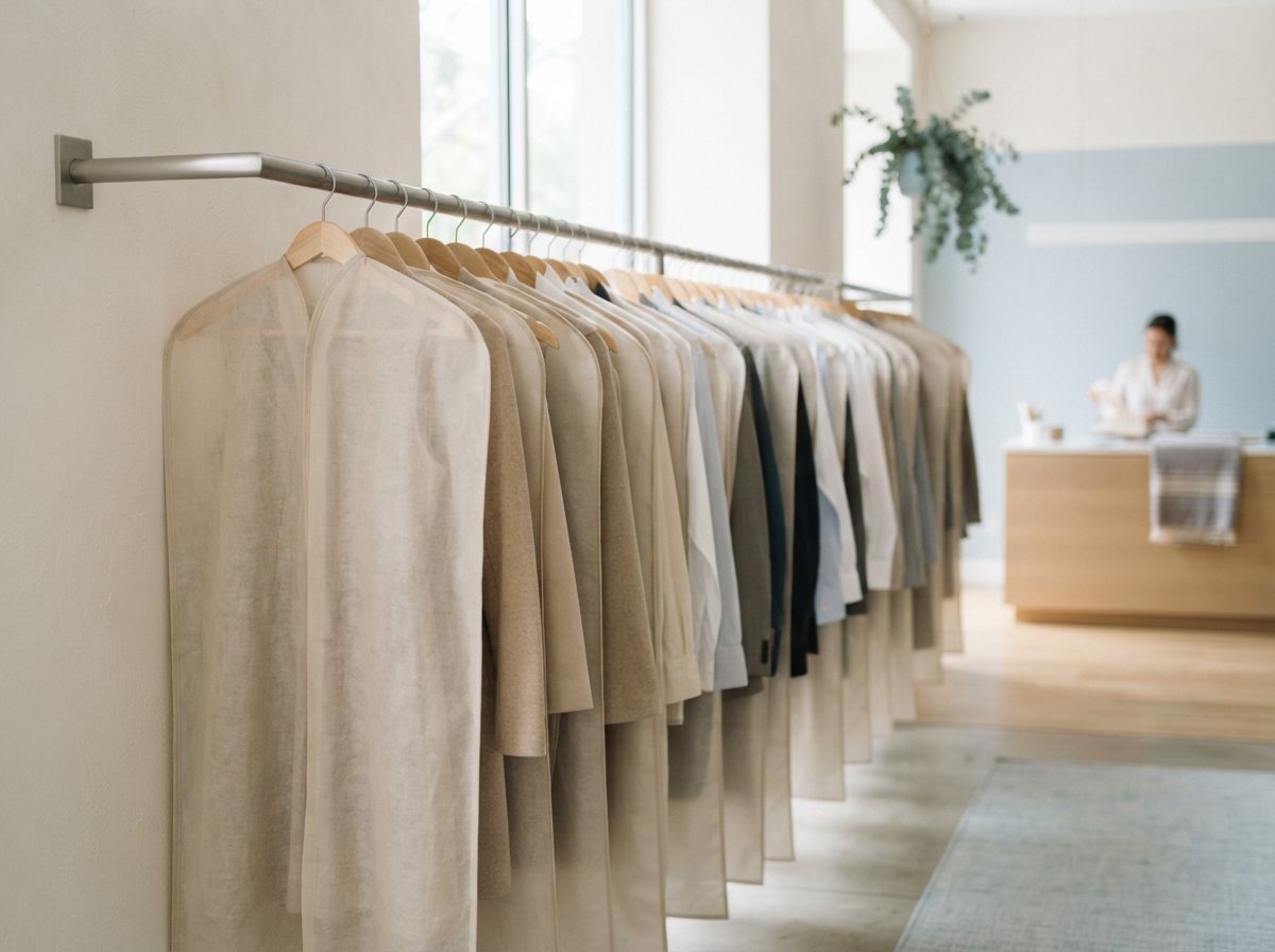 Neutral garments in translucent covers hang along a metal rail inside a bright boutique.