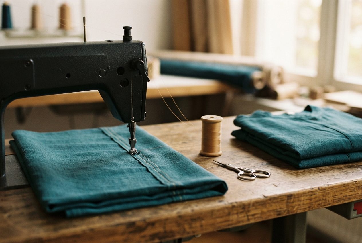 Industrial sewing machine stitching teal fabric on a wooden table beside thread, scissors, and folded cloth.