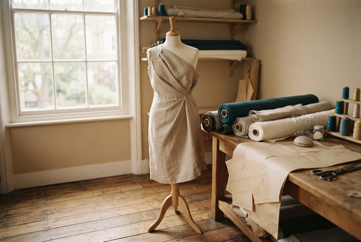 Dressmaker’s mannequin in an unfinished linen dress beside fabric rolls, sewing patterns, and tools in a sunlit studio.