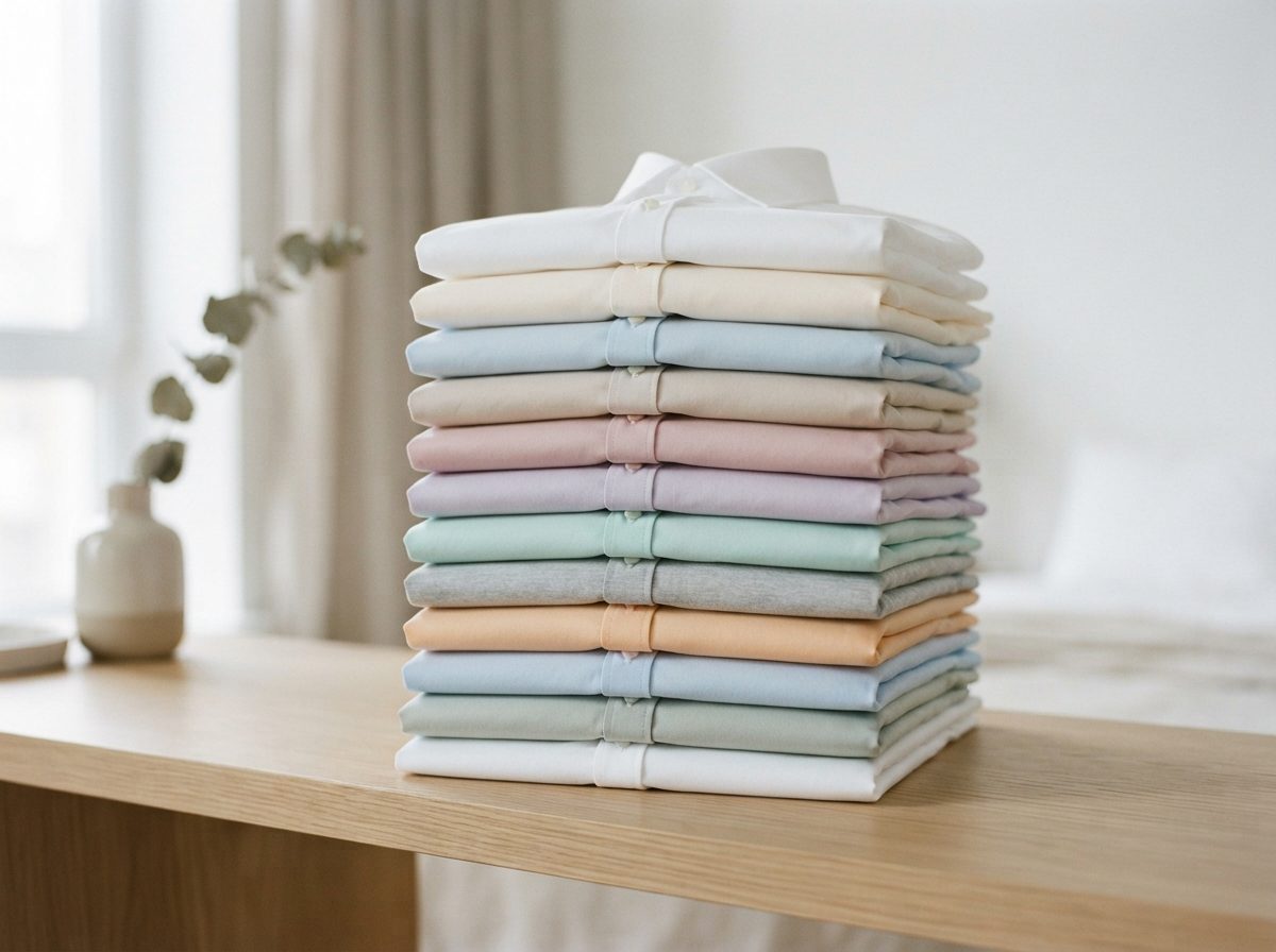 Stack of neatly folded pastel-colored button-up shirts on a wooden table near a bright window.
