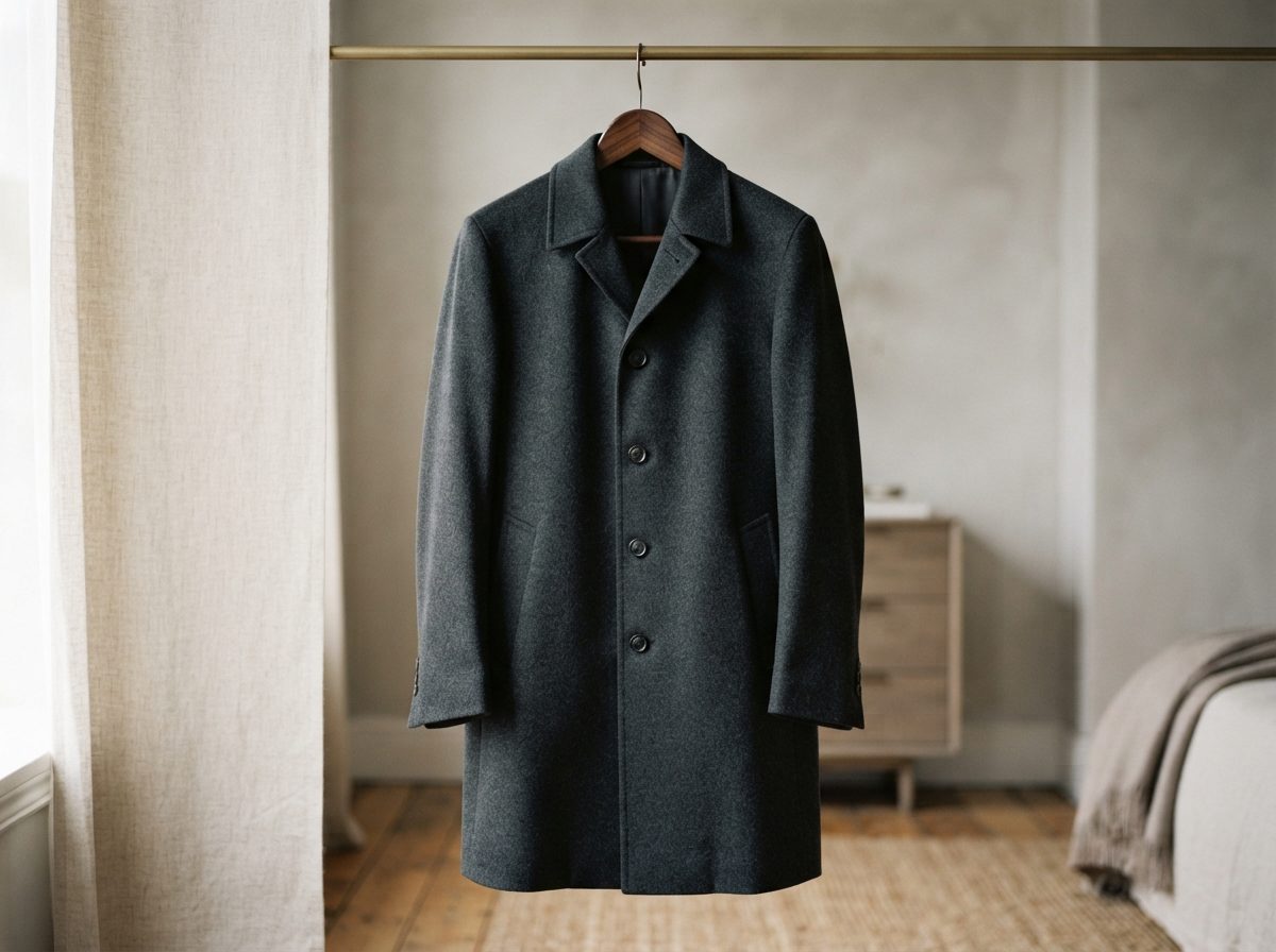 Charcoal-gray tailored overcoat hanging on a wooden hanger in a softly lit bedroom.