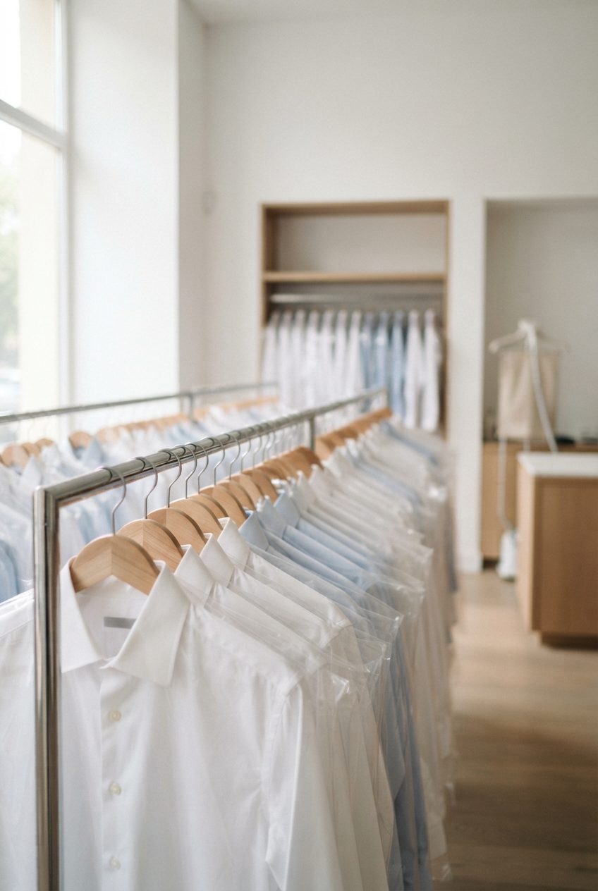 Clothing boutique with racks of white and pale blue shirts on wooden hangers in a bright room.