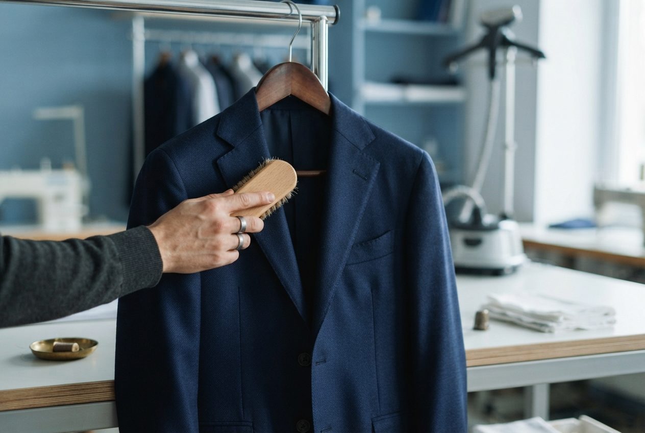 Hand brushing a navy suit jacket hanging on a wooden hanger in a clothing-care workspace.