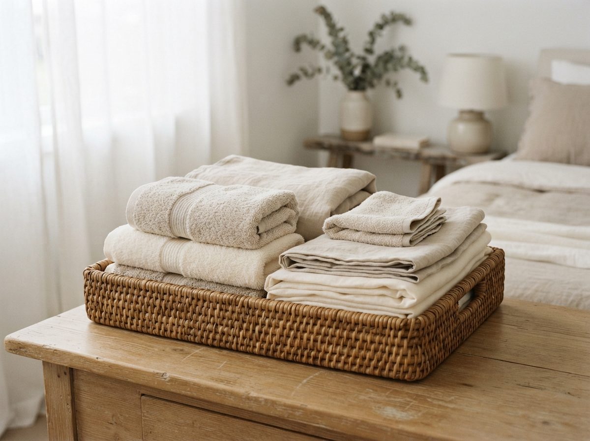 Woven basket of folded cream linens on a rustic wooden table in a softly lit bedroom.