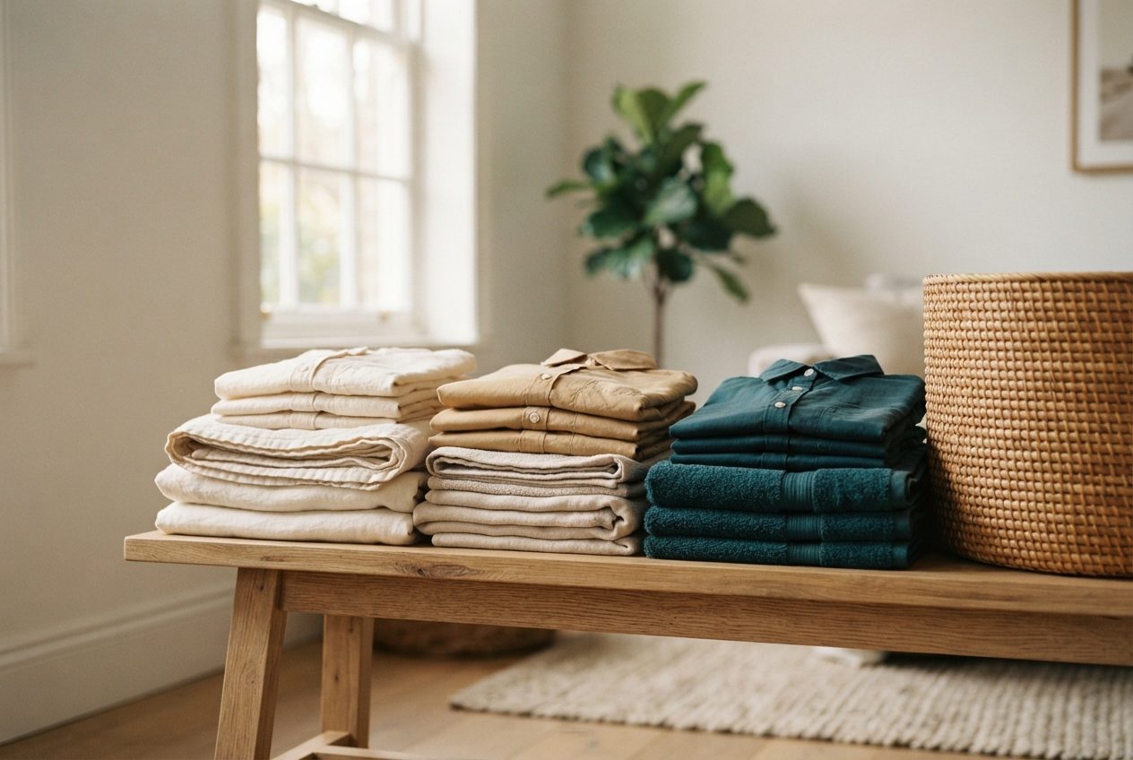 Folded cream, beige, and teal linens sit on a wooden bench beside a woven basket in a bright room.