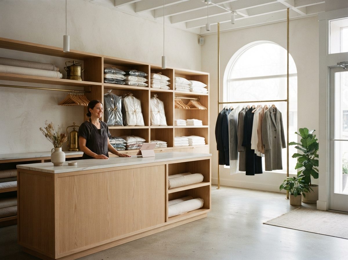 Boutique interior with a woman behind a wooden counter, textile shelves, clothing rack, arched window, and plants.