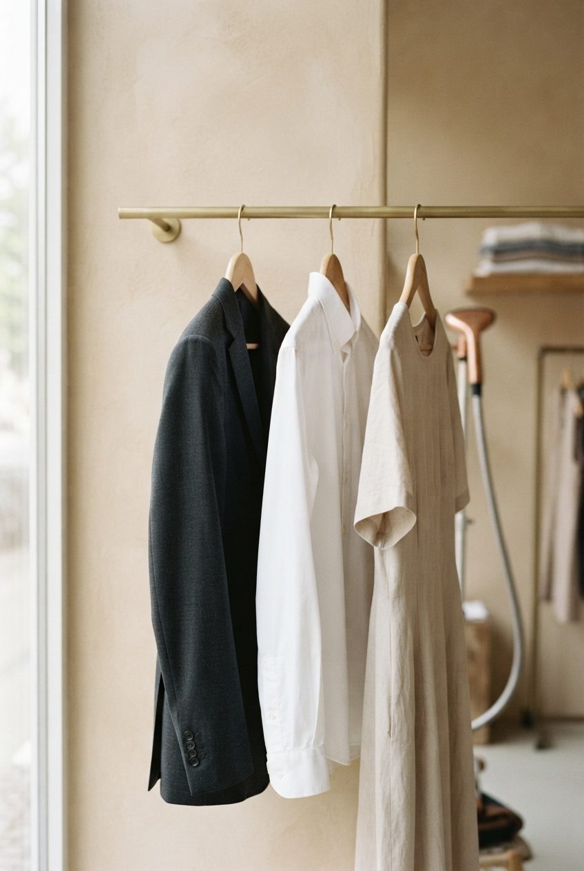 Three garments—a dark blazer, white shirt, and beige dress—hang on wooden hangers from a brass rod.