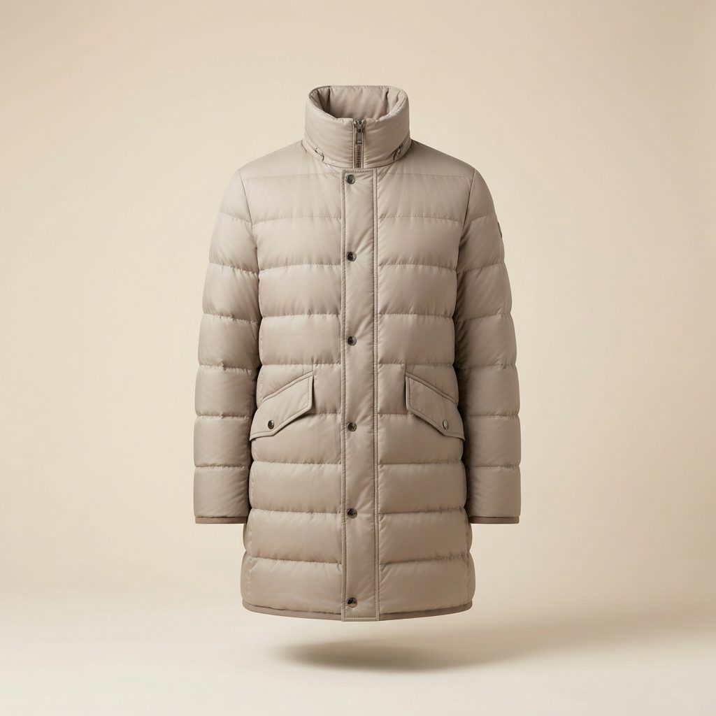 Front-facing beige long quilted puffer coat with a high collar, button placket, and two flap pockets.