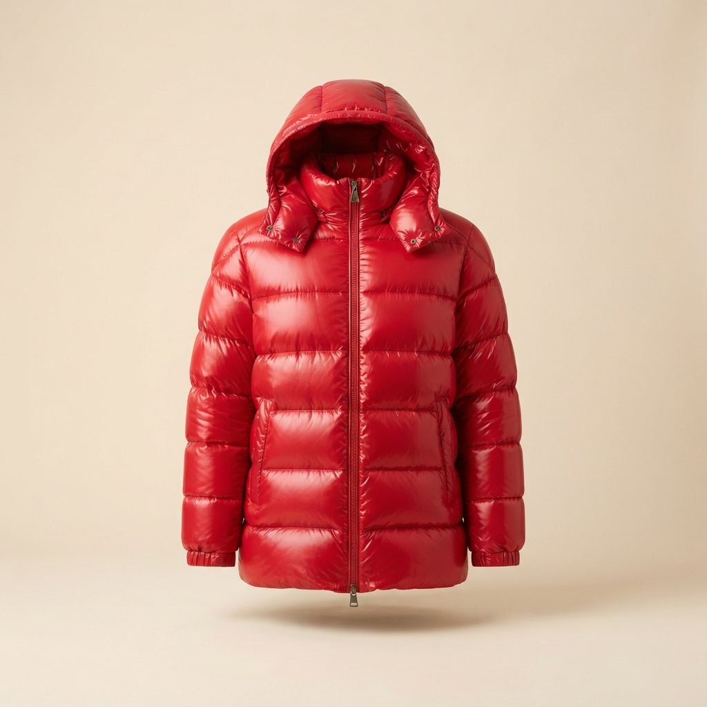 Front-facing glossy red hooded puffer jacket floating against a plain beige background.