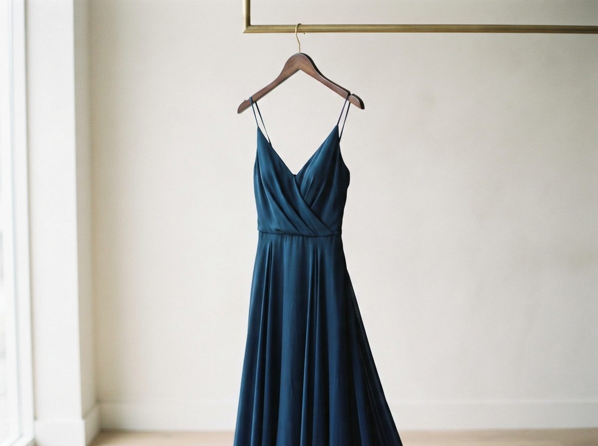 Navy-blue spaghetti-strap dress hanging from a wooden hanger against a pale wall.