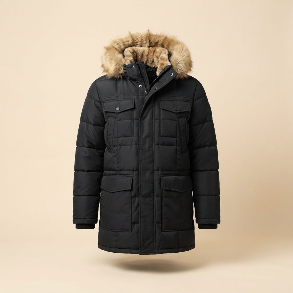 Front-facing black quilted parka with tan fur-trimmed hood, multiple flap pockets, and a soft shadow on a beige background.