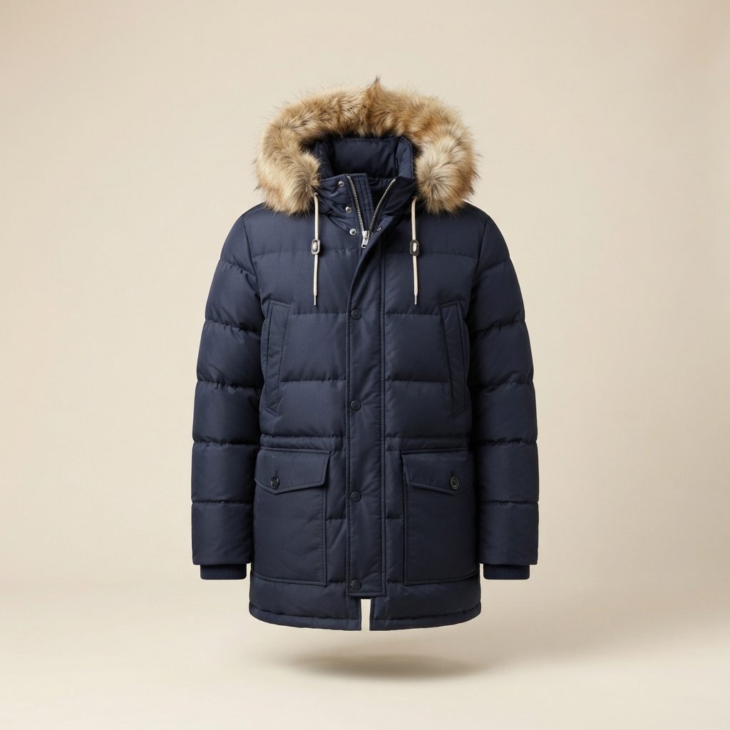 Navy quilted parka with a tan fur-trimmed hood, drawstrings, multiple pockets, and ribbed cuffs against a beige background.