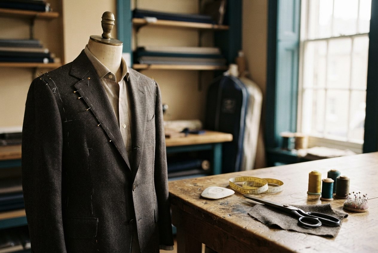 Tailor’s mannequin in a pinned charcoal suit jacket beside a worktable with shears, thread, pins, and measuring tape.